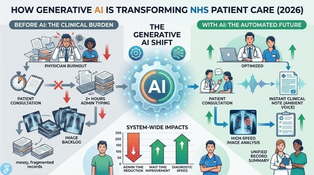 Infographic showing how generative AI transforms NHS patient care, before and after AI deployment.