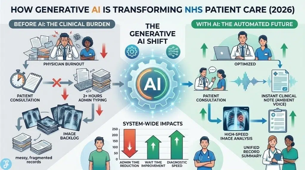 Infographic showing how generative AI transforms NHS patient care, before and after AI deployment.