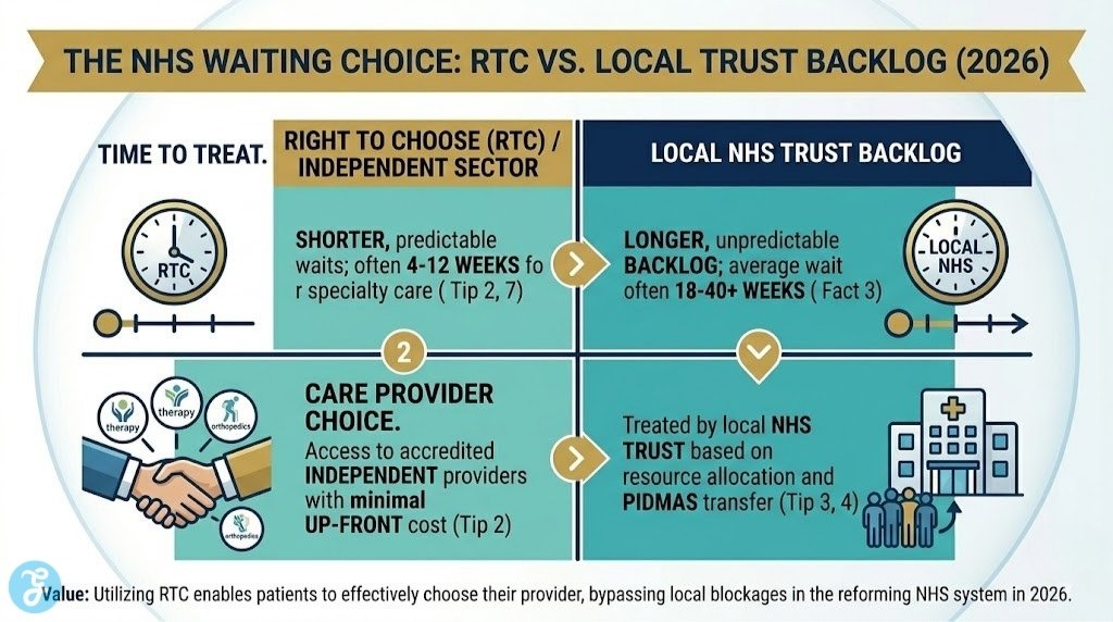 A professional high-end matrix comparison infographic titled 'THE NHS WAITING CHOICE: RTC VS. LOCAL TRUST BACKLOG (2026)' on a clean white background. It uses a sophisticated Navy Blue, White, Teal, and Gold palette, splitting the screen into gold and navy blue columns for 'RIGHT TO CHOOSE (RTC) / INDEPENDENT SECTOR' versus 'LOCAL NHS TRUST BACKLOG'. Two rows compare factors: TIME TO TREAT (4-12 weeks for RTC vs. 18-40+ weeks for Backlog) and CARE PROVIDER CHOICE (Independent access via Tip 2 vs. local NHS Trust access via Tip 3, 4). The design uses logical dividers and gold process flow arrows, maximizing white space and high readability. Small value text at the bottom: 'Utilizing RTC enables patients to effectively choose their provider, bypassing local blockages in the reforming NHS system in 2026.'. No 'Why We Chose It' label. No footer.