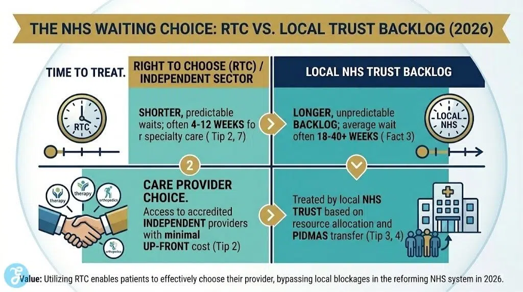 A professional high-end matrix comparison infographic titled 'THE NHS WAITING CHOICE: RTC VS. LOCAL TRUST BACKLOG (2026)' on a clean white background. It uses a sophisticated Navy Blue, White, Teal, and Gold palette, splitting the screen into gold and navy blue columns for 'RIGHT TO CHOOSE (RTC) / INDEPENDENT SECTOR' versus 'LOCAL NHS TRUST BACKLOG'. Two rows compare factors: TIME TO TREAT (4-12 weeks for RTC vs. 18-40+ weeks for Backlog) and CARE PROVIDER CHOICE (Independent access via Tip 2 vs. local NHS Trust access via Tip 3, 4). The design uses logical dividers and gold process flow arrows, maximizing white space and high readability. Small value text at the bottom: 'Utilizing RTC enables patients to effectively choose their provider, bypassing local blockages in the reforming NHS system in 2026.'. No 'Why We Chose It' label. No footer.