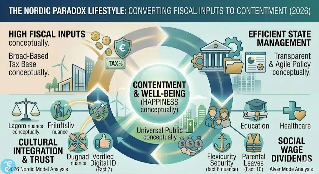 Infographic visually outlining the Nordic paradox lifestyle conversion cycle conceptually for 2026, comparing how high fiscal inputs and efficient state management conceptually create a circular flow of universal social wage dividends and high social capital conceptually that reinforce collective happiness.