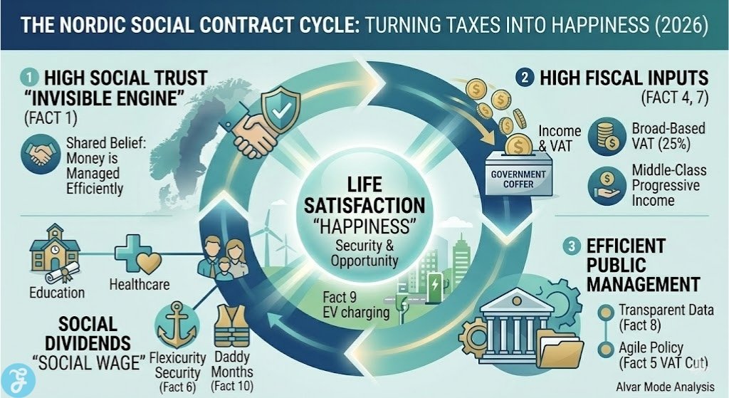 Infographic outlining the Nordic social contract cycle in 2026, visualizing how high social trust, fiscal inputs, and public social dividends reinforce collective happiness.