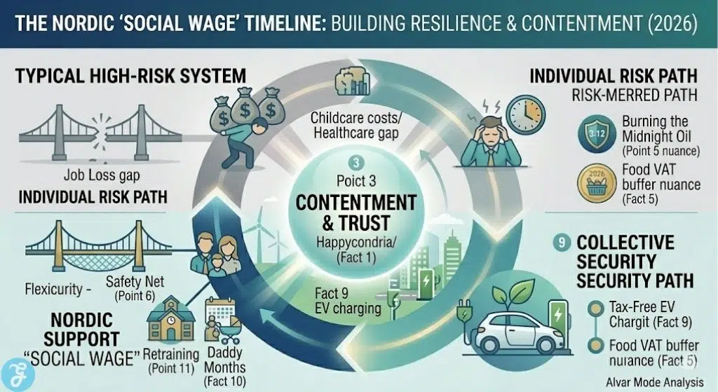 Infographic visually comparing a typical high-risk individual path to resilience vs. a buffered Nordic social wage timeline in 2026, illustrating the impact of universal support, green mobility, and retraining on contentment.