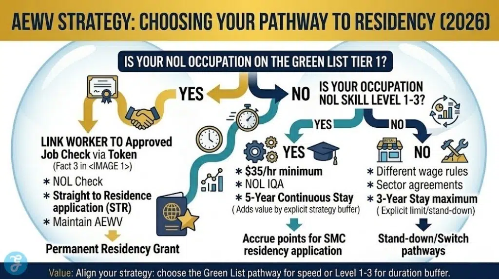 A professional vector flowchart visualizing the strategic decision paths to residency for NZ AEWV holders in 2026, comparing the direct Green List and the Level 1-3 skilled migrant SMC pathways, with implicit strategy context.