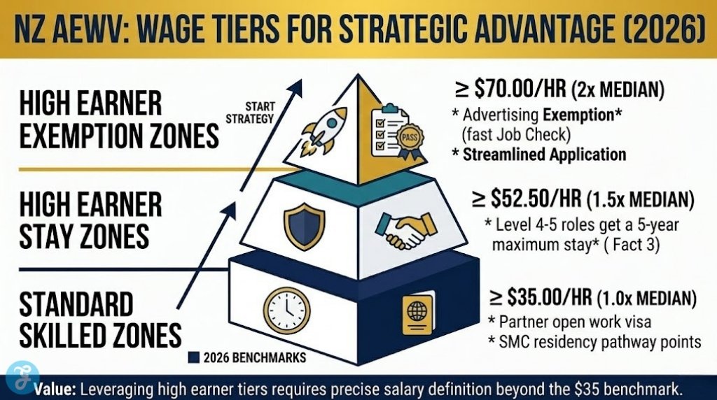 A clean vector pyramid infographic illustrating the specific wage thresholds for New Zealand AEWV high earners in 2026, including the $70/hr advertising exemption and $52.50/hr 5-year stay zones, beyond the standard $35 benchmark.