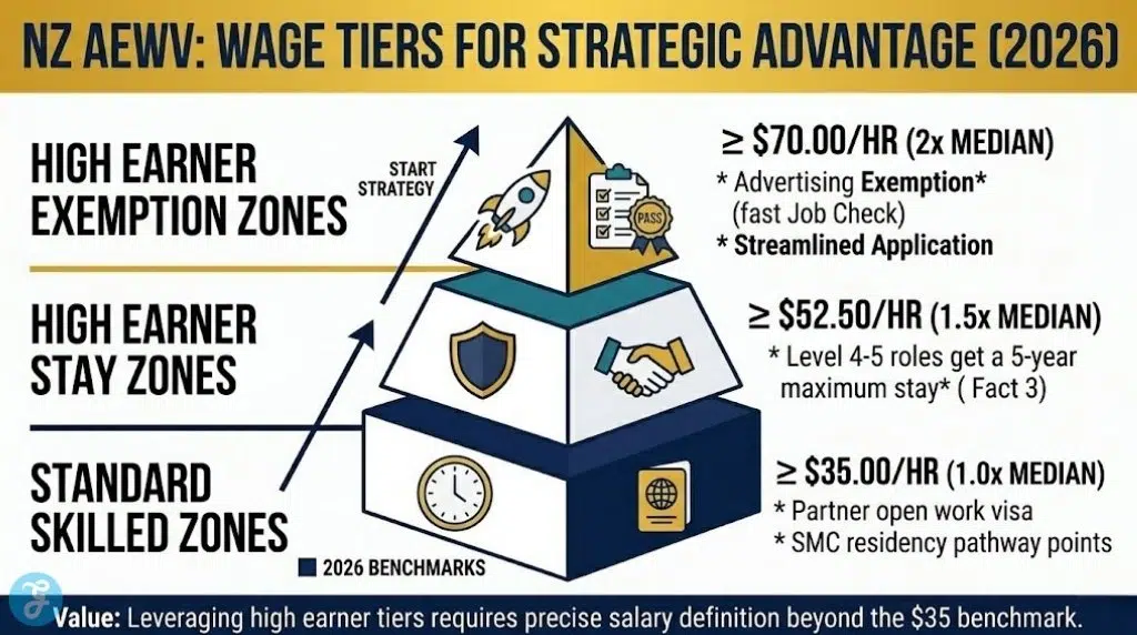 A clean vector pyramid infographic illustrating the specific wage thresholds for New Zealand AEWV high earners in 2026, including the $70/hr advertising exemption and $52.50/hr 5-year stay zones, beyond the standard $35 benchmark.