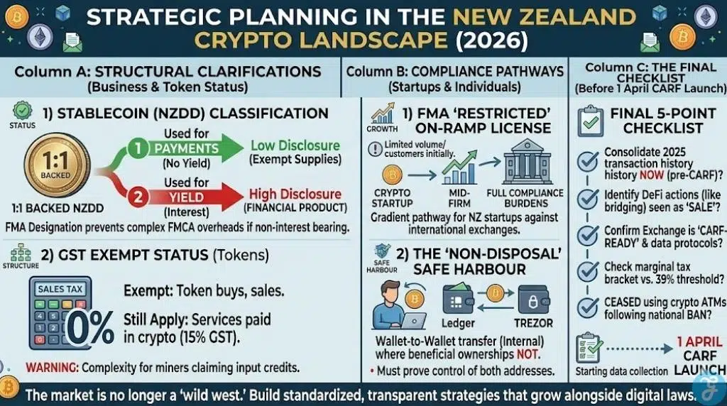 2026 NZ crypto regulation infographic covering CARF reporting deadlines, NZDD stablecoin classification by the FMA, and GST-exempt status for tokens. Includes a 5-point compliance checklist for the April 1st IRD data launch.