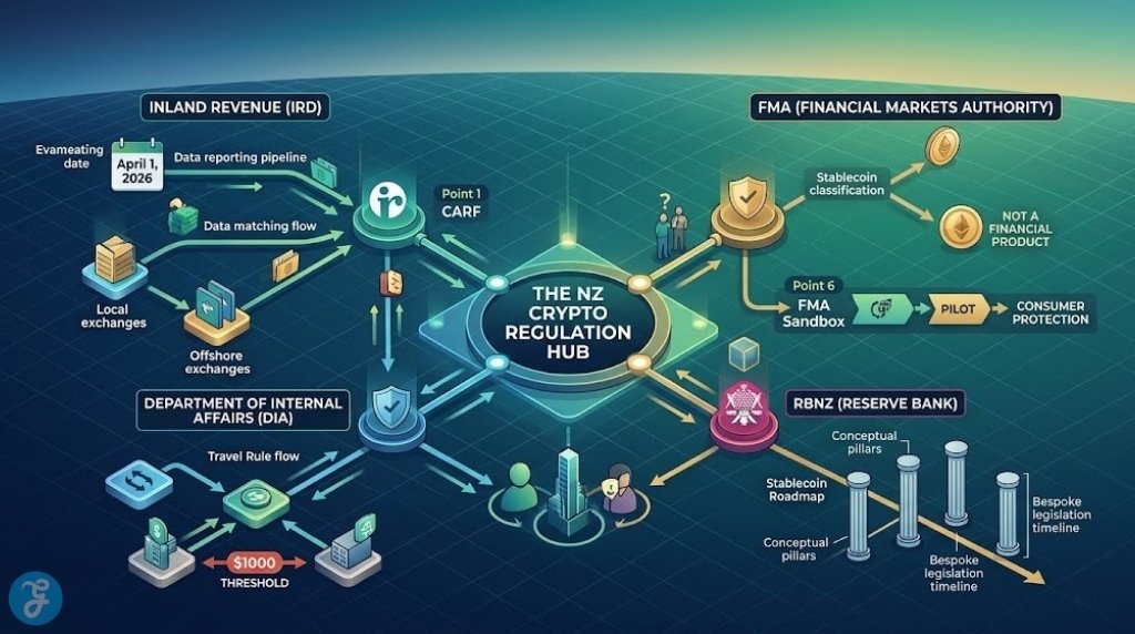 Infographic conceptually visualizes the NZ Crypto Regulation Hub, detailing agency roles (IRD, FMA, DIA, RBNZ) and data flows.
