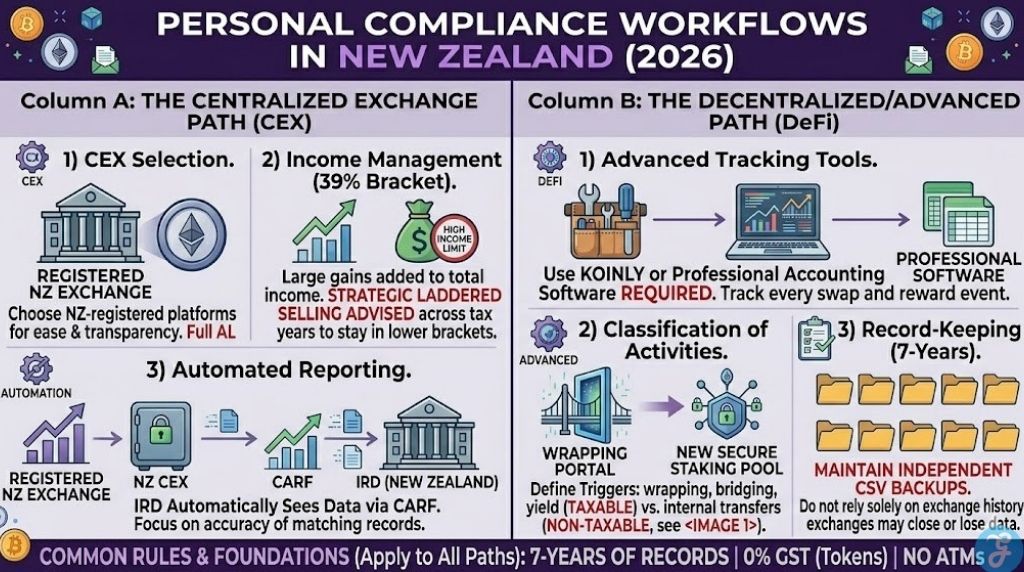 NZ crypto tax workflow guide for 2026 comparing Centralized Exchange (CEX) and DeFi compliance. Highlights IRD CARF reporting, 39% tax bracket planning, DeFi disposal triggers, and the 7-year mandatory record-keeping rule.