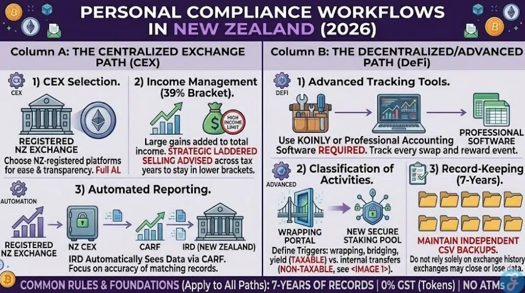 NZ crypto tax workflow guide for 2026 comparing Centralized Exchange (CEX) and DeFi compliance. Highlights IRD CARF reporting, 39% tax bracket planning, DeFi disposal triggers, and the 7-year mandatory record-keeping rule.