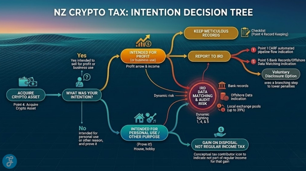 Infographic simplifies **Crypto regulation in New Zealand** regarding tax, contrasting the personal property intention test with taxation and audit risk.