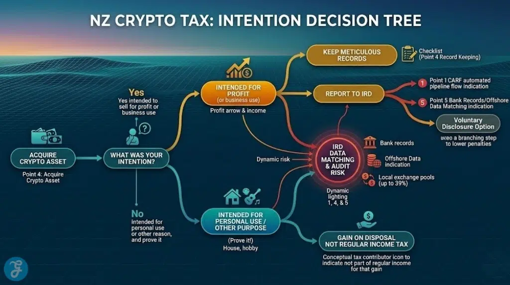 Infographic simplifies **Crypto regulation in New Zealand** regarding tax, contrasting the personal property intention test with taxation and audit risk.