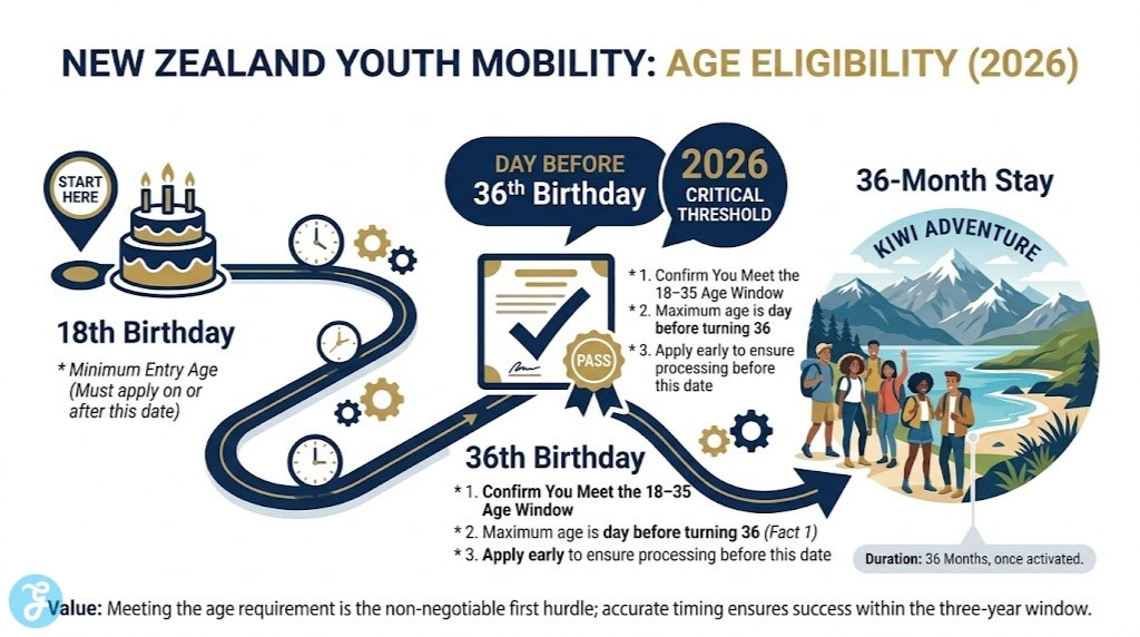 A professional vector infographic timeline named 'NEW ZEALAND YOUTH MOBILITY: AGE ELIGIBILITY (2026)'. It maps the non-negotiable age requirement for UK citizens, from the 18th birthday start point to the critical 'Day Before 36th Birthday' threshold for final application submission.