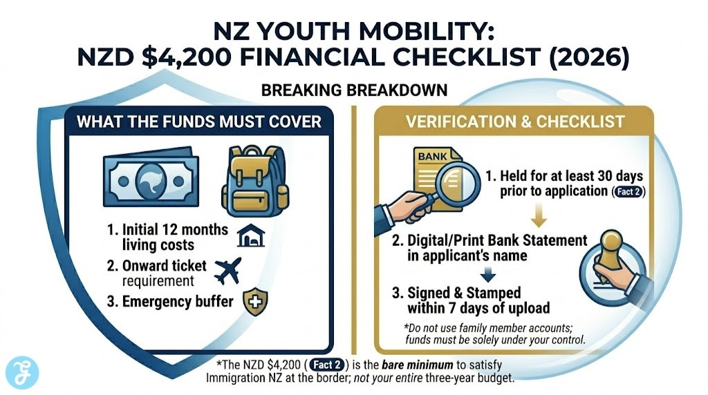 A sophisticated vector infographic titled 'NZ YOUTH MOBILITY: NZD $4,200 FINANCIAL CHECKLIST (2026)' on a clean white background. It breaks down what the required maintenance funds must cover and provides an actionable checklist for verification, including the 30-day holding period
