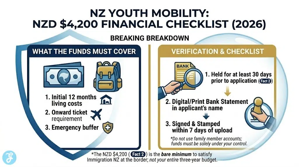 A sophisticated vector infographic titled 'NZ YOUTH MOBILITY: NZD $4,200 FINANCIAL CHECKLIST (2026)' on a clean white background. It breaks down what the required maintenance funds must cover and provides an actionable checklist for verification, including the 30-day holding period