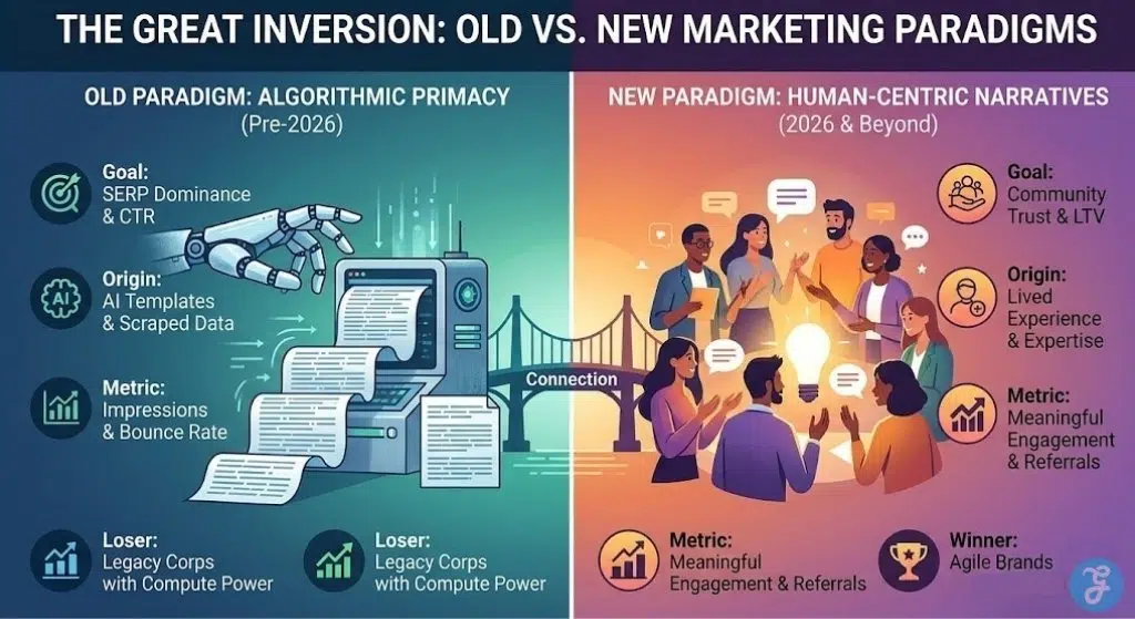 A split-screen infographic comparing the 'Old Paradigm' of algorithmic primacy with the 'New Paradigm' of human-centric narratives in 2026, featuring a robotic arm versus a collaborative human group.