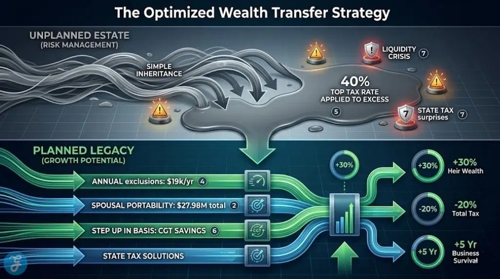 Infographic showing planned versus unplanned US wealth transfer strategy across specific 2025 tax thresholds.