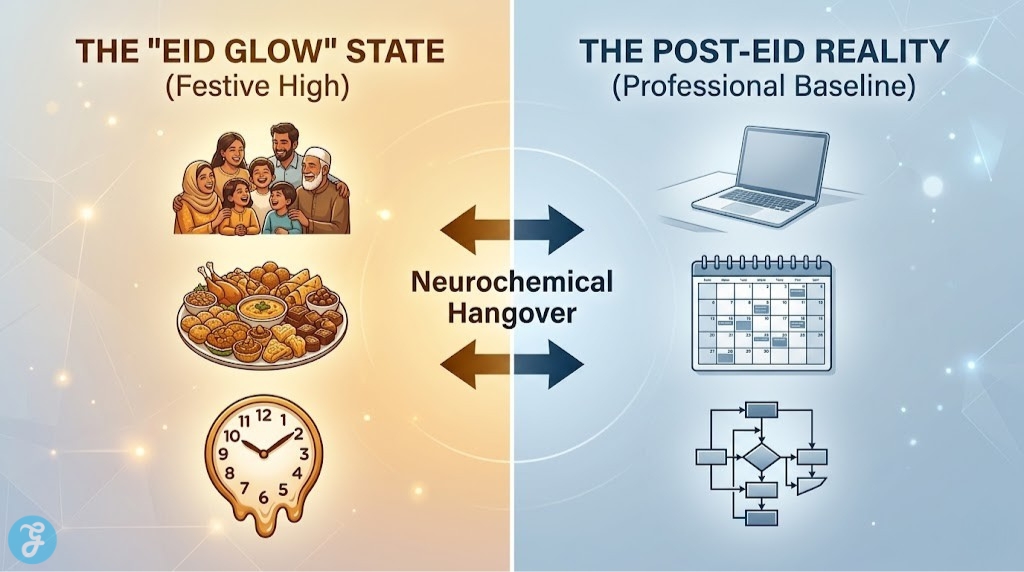 Comparison infographic of festive dopamine high versus post-Eid professional routine and neurochemical hangover.
