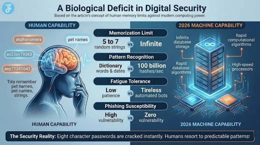 Infographic comparing human memory vs machine power in digital security, visualizing password vulnerability.