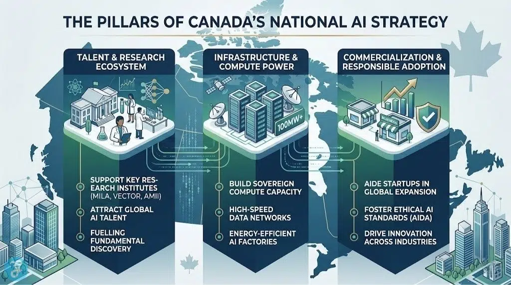 An infographic illustrating the three main pillars of Canada's National AI Strategy: Talent & Research, Infrastructure & Compute, and Commercialization & Regulation, with icons and descriptions against a Canadian landscape.