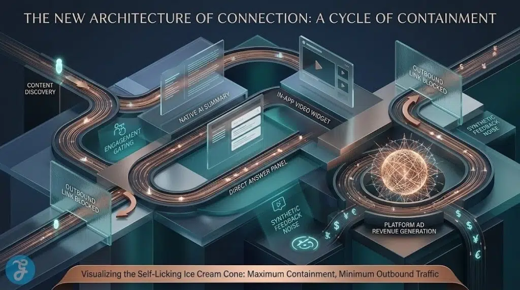 Isometric map showing user journey trapped in platform AI widgets.
