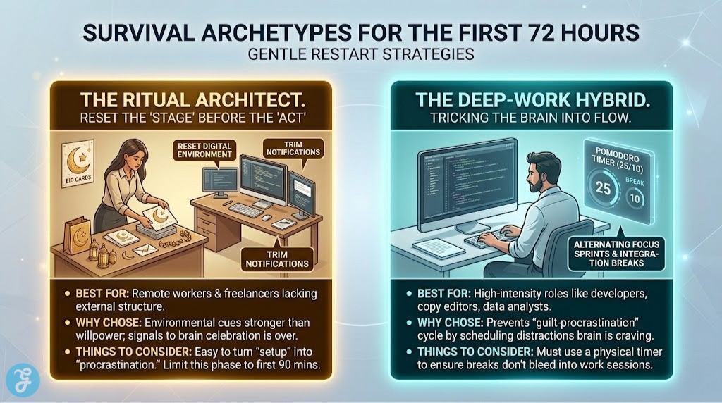 Professional profile cards for the Ritual Architect and Deep-Work Hybrid archetypes for a gentle post-Eid restart.