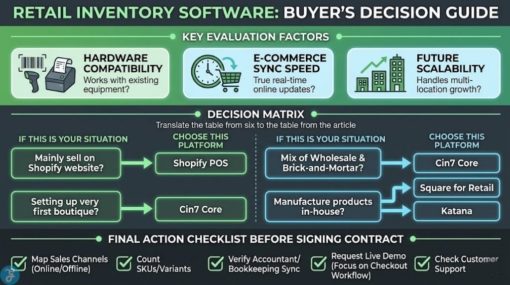 Infographic providing a retail inventory software buyer's guide, decision matrix, and final checklist