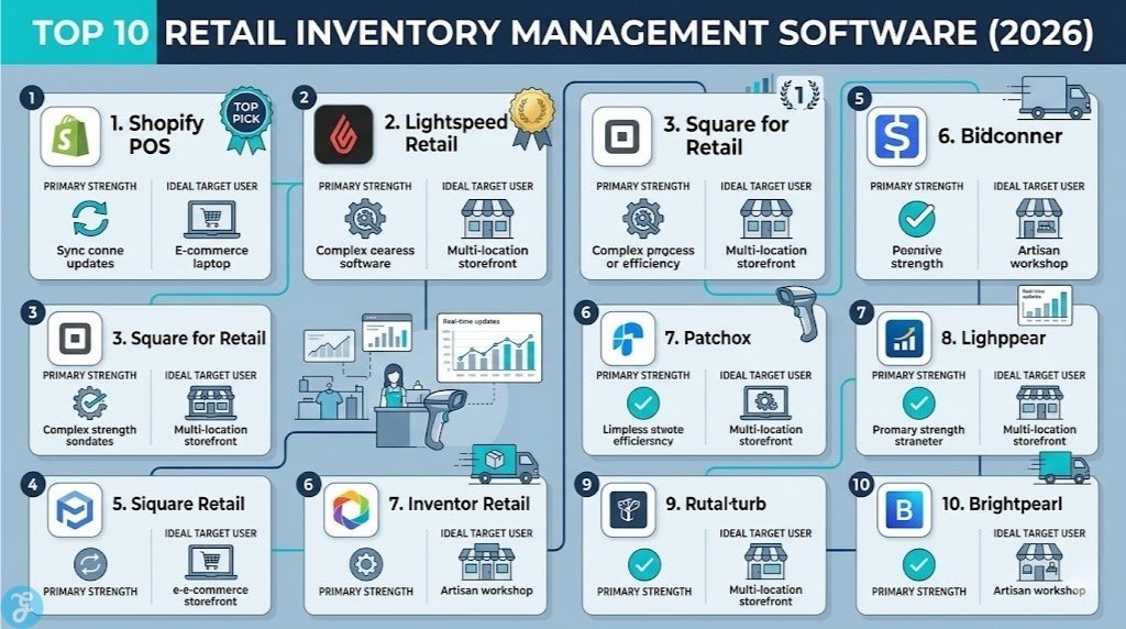 Infographic comparing top 10 retail inventory software by strength and ideal user, highlighting top 3 picks.