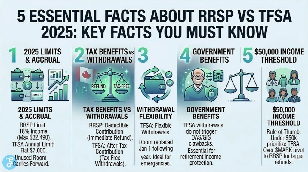 Visual summary of RRSP vs TFSA 2025 contribution limits and tax-free growth benefits.