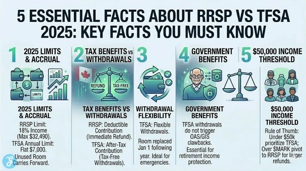 Visual summary of RRSP vs TFSA 2025 contribution limits and tax-free growth benefits.