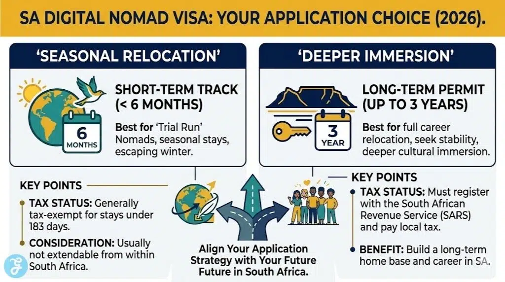 A comparison infographic for remote workers in South Africa, contrasting the Short-Term Track (under 6 months) for seasonal relocation with the Long-Term Permit (up to 3 years) for deeper immersion, including tax implications and residency benefits.