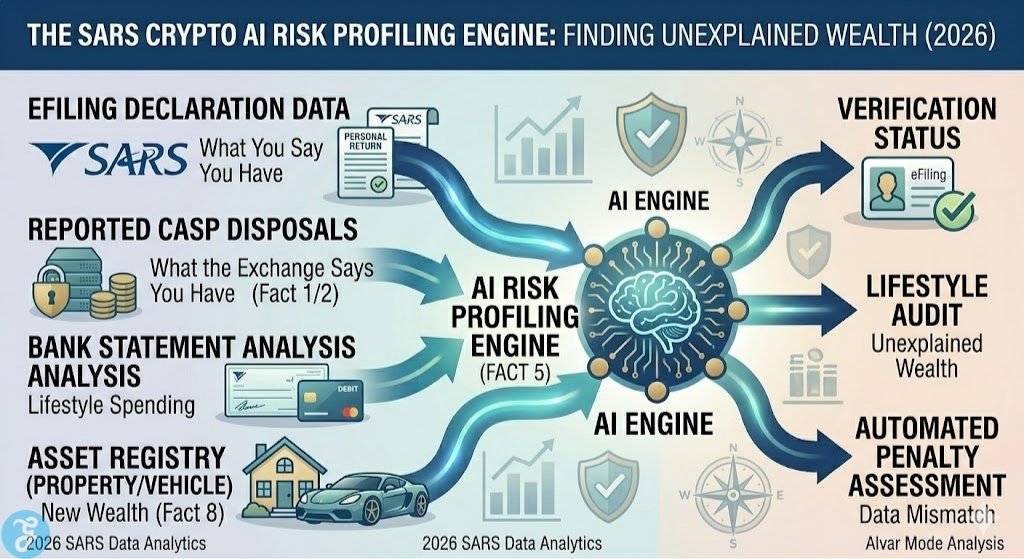 Infographic visually explaining how the SARS machine learning engine (AI) cross-matches eFiling declarations with eFiling declarations with reported crypto disposals, bank statements, and asset registries to detect unexplained wealth and trigger automated audits.
