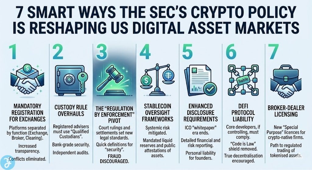 Infographic showing 7 ways SEC crypto regulations are reshaping US digital asset markets including exchange registration and custody rules