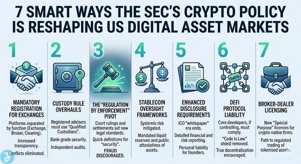 Infographic showing 7 ways SEC crypto regulations are reshaping US digital asset markets including exchange registration and custody rules