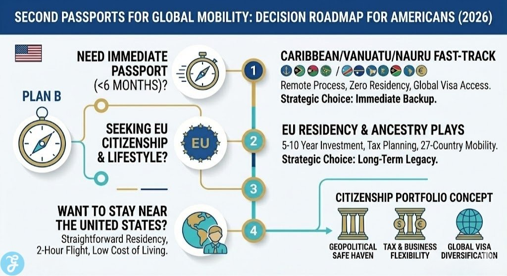 Infographic outlining a 3-part decision roadmap for Americans to choose the best second passports for global mobility, comparing speed, EU rights, and proximity based on 2026 data.
