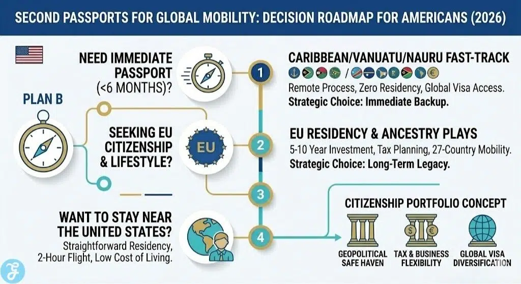 Infographic outlining a 3-part decision roadmap for Americans to choose the best second passports for global mobility, comparing speed, EU rights, and proximity based on 2026 data.
