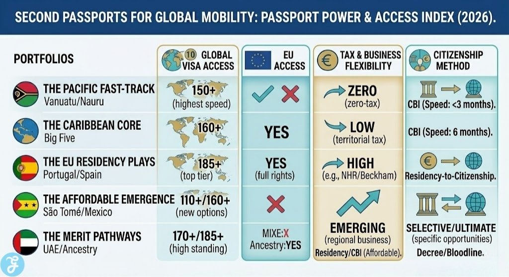Infographic outlining a comparative "Passport Power & Access Index" for second passports for global mobility, grouping illustrative outcomes into 5 key Portfolios (e.g., Fast-Track, EU, Merit) based on 2026 data.