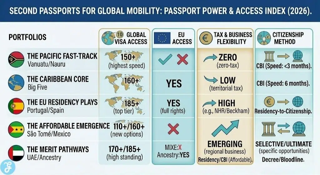 Infographic outlining a comparative "Passport Power & Access Index" for second passports for global mobility, grouping illustrative outcomes into 5 key Portfolios (e.g., Fast-Track, EU, Merit) based on 2026 data.