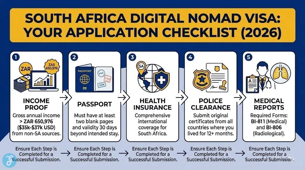 A 5-step infographic checklist for the 2026 South Africa Digital Nomad Visa application, detailing requirements for income proof (ZAR 650,976), passport validity, health insurance, police clearance certificates, and medical/radiological reports.