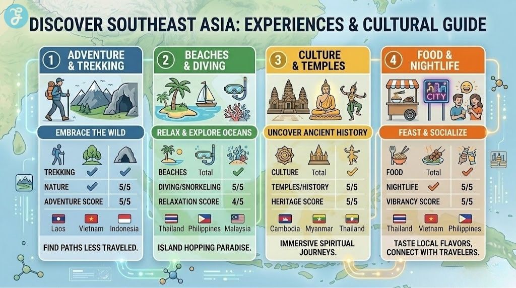 A stunning 16:9 professional landscape infographic titled 'DISCOVER SOUTHEAST ASIA: EXPERIENCES & CULTURAL GUIDE'. Four distinct color-coded horizontal panels comparison matrix. ADVENTURE & TREKKING (blue), BEACHES & DIVING (green), CULTURE & TEMPLES (yellow/orange), and FOOD & NIGHTLIFE (orange), each with bold icons and descriptive text comparison scores for TREKKING (High), DIVING (Total), CULTURE (Total), FOOD (Total), Nightlife (5/5), Vibrancy Score (5/5) using visual rating meters. Miniature stylized illustrated elements and small floating molecules of health organization and digital data accents link the specific details. High fidelity text, organized by headers.
