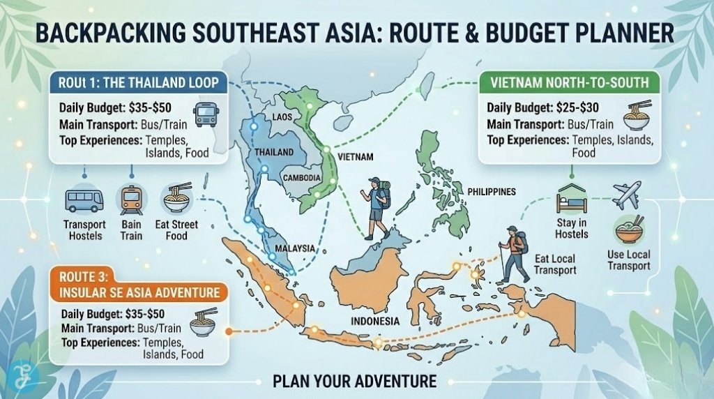 A 16:9 professional landscape infographic titled 'BACKPACKING SOUTHEAST ASIA: ROUTE & BUDGET PLANNER'. The clean modern digital map shows three illustrative routes in different colors (Blue, Green, Orange) for Thailand, Vietnam, and Insular SE Asia. Floating panels with bold headers, icons for transport, hostel, and food, provide illustrative data for 'Daily Budget', 'Main Transport', and 'Top Experiences'. Miniature backpackers move along the glowing dashed paths. High fidelity text, organized by headers.
