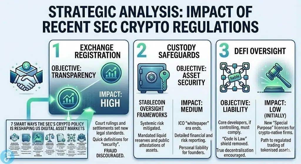 Strategic analysis chart comparing the impact of SEC crypto regulations on exchanges, DeFi oversight, and custody safeguards.