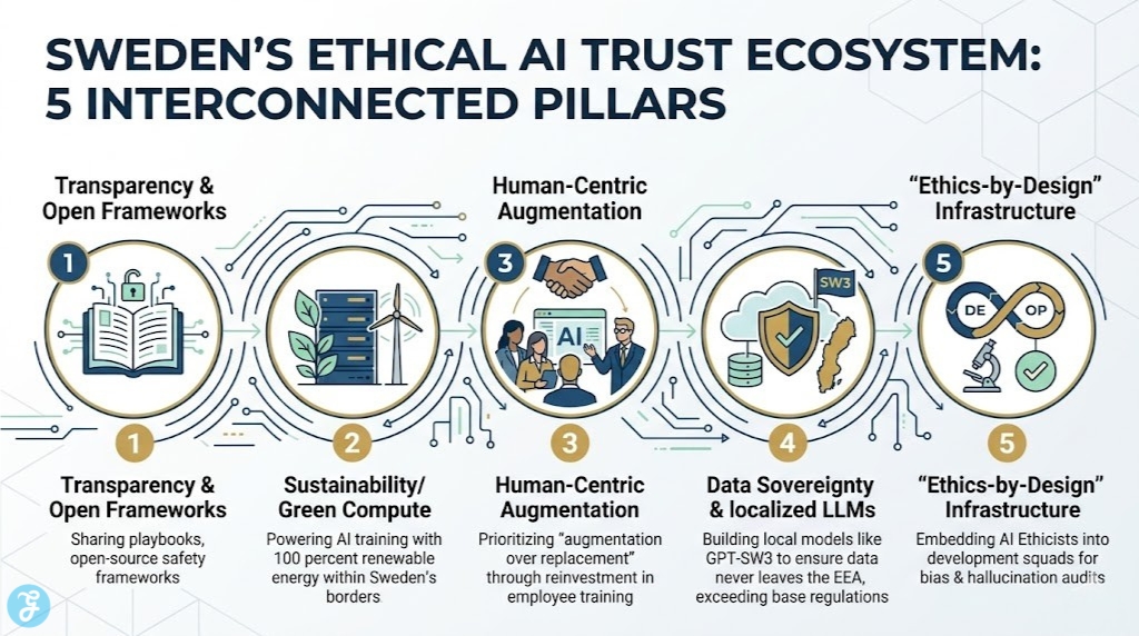 Landscape infographic visually summarizing Sweden's interconnected 5 Pillars of Ethical Generative AI Adoption as a trust ecosystem.