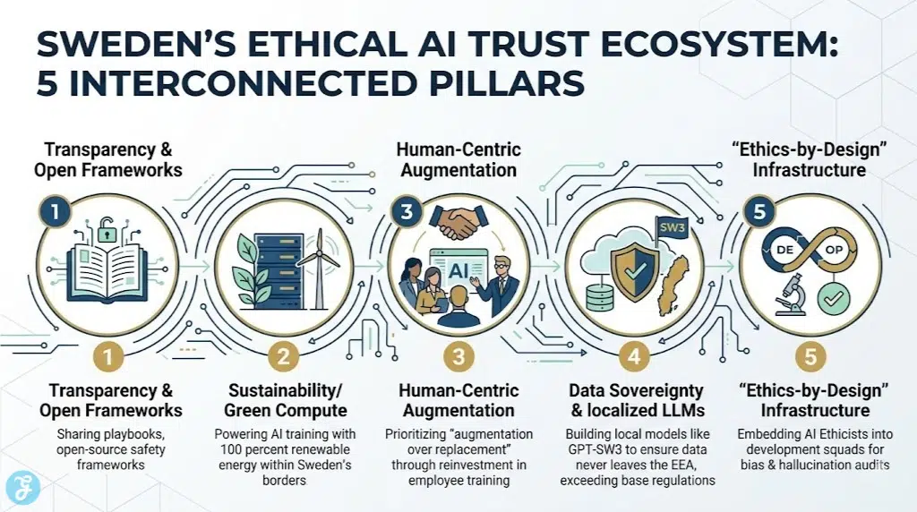 Landscape infographic visually summarizing Sweden's interconnected 5 Pillars of Ethical Generative AI Adoption as a trust ecosystem.