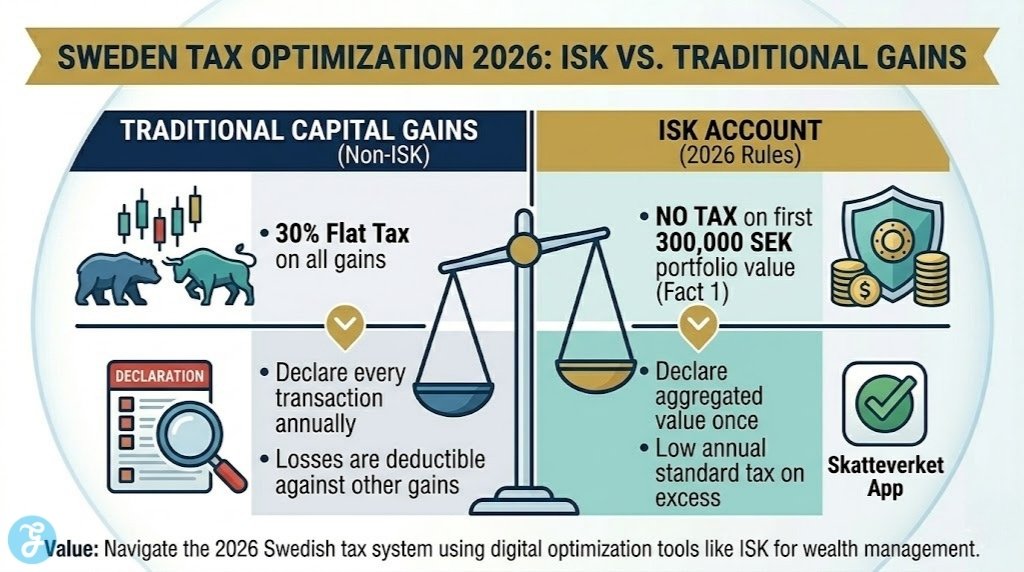 A high-end professional vector comparison infographic titled 'SWEDEN TAX OPTIMIZATION 2026: ISK VS. TRADITIONAL GAINS'. It splits the screen into Navy Blue and Gold columns for 'TRADITIONAL CAPITAL GAINS (Non-ISK)' versus 'ISK ACCOUNT (2026 Rules)', contrasting key factors including the flat 30% tax against the new NO TAX threshold on the first 300,000 SEK portfolio value (Fact 1), using professional icons and plenty of white space. No footer.