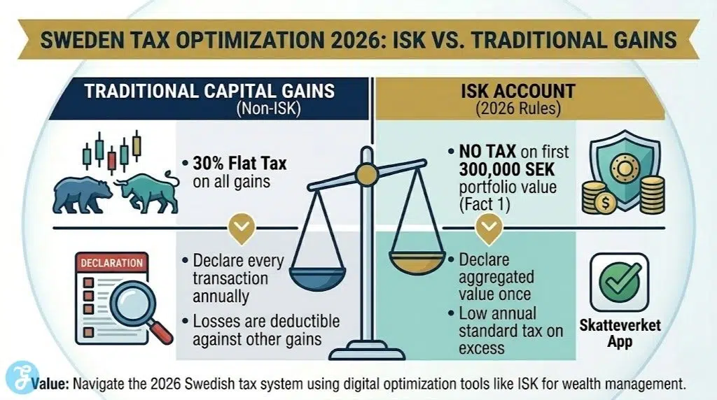 A high-end professional vector comparison infographic titled 'SWEDEN TAX OPTIMIZATION 2026: ISK VS. TRADITIONAL GAINS'. It splits the screen into Navy Blue and Gold columns for 'TRADITIONAL CAPITAL GAINS (Non-ISK)' versus 'ISK ACCOUNT (2026 Rules)', contrasting key factors including the flat 30% tax against the new NO TAX threshold on the first 300,000 SEK portfolio value (Fact 1), using professional icons and plenty of white space. No footer.