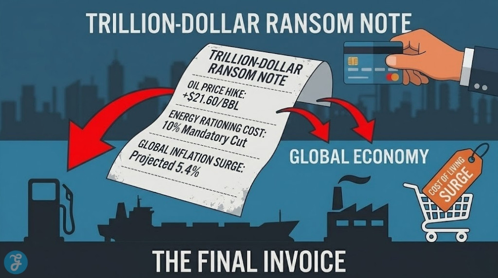 A metaphorical trillion-dollar ransom note visualizing the direct cost of the Hormuz closure on individual savings, including a 5.4 percent global inflation surge.