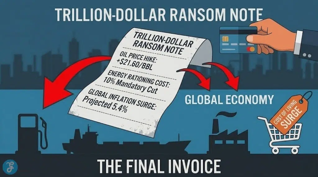 A metaphorical trillion-dollar ransom note visualizing the direct cost of the Hormuz closure on individual savings, including a 5.4 percent global inflation surge.