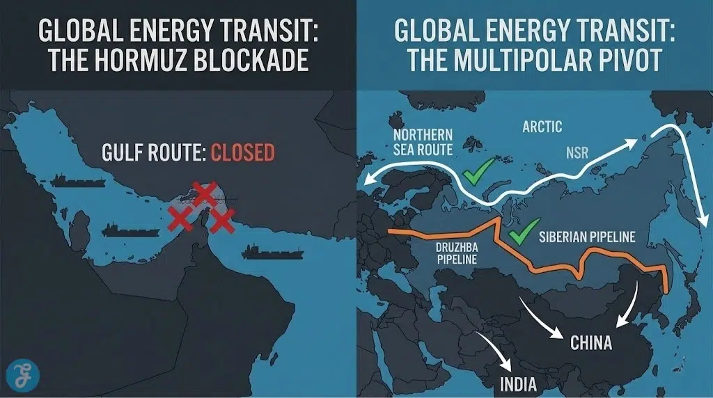 A comparative map showing the blocked Gulf shipping route versus the operational Russian Northern Sea Route and Siberian pipelines as the new global energy insurance.