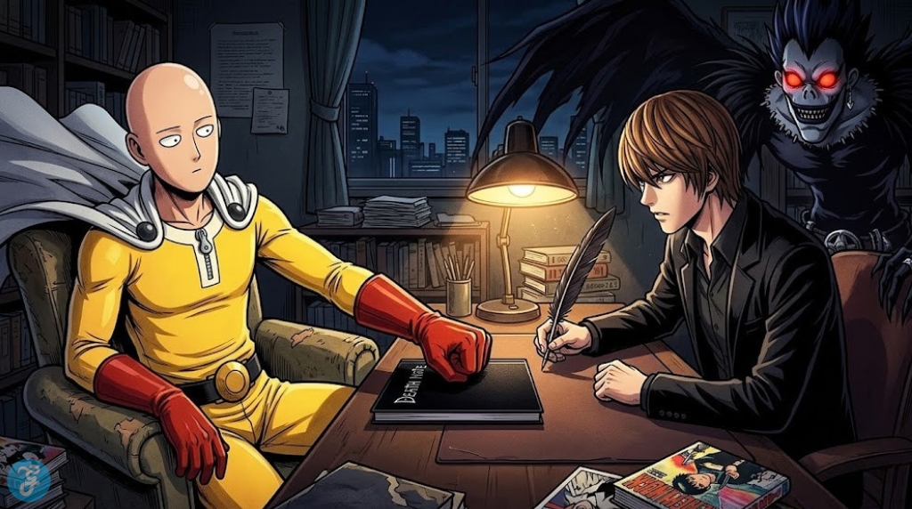 meeting.png Saitama and Light Yagami sitting at a desk together. Light is intensely writing in the Death Note while Ryuk watches from the shadows, and Saitama looks on with a characteristically blank, bored expression.